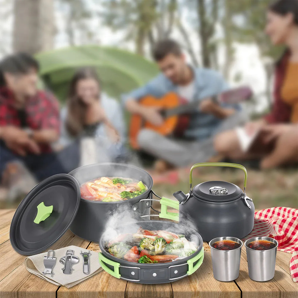 Camping Cooking Set With Kettle - Camping Cookware Set Lightweight Portable Pan