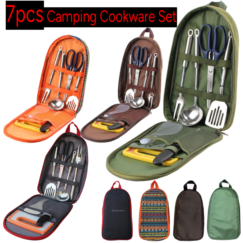 Camping Cooking Full Set - 7pcs Camping Kitchen Utensil Set with