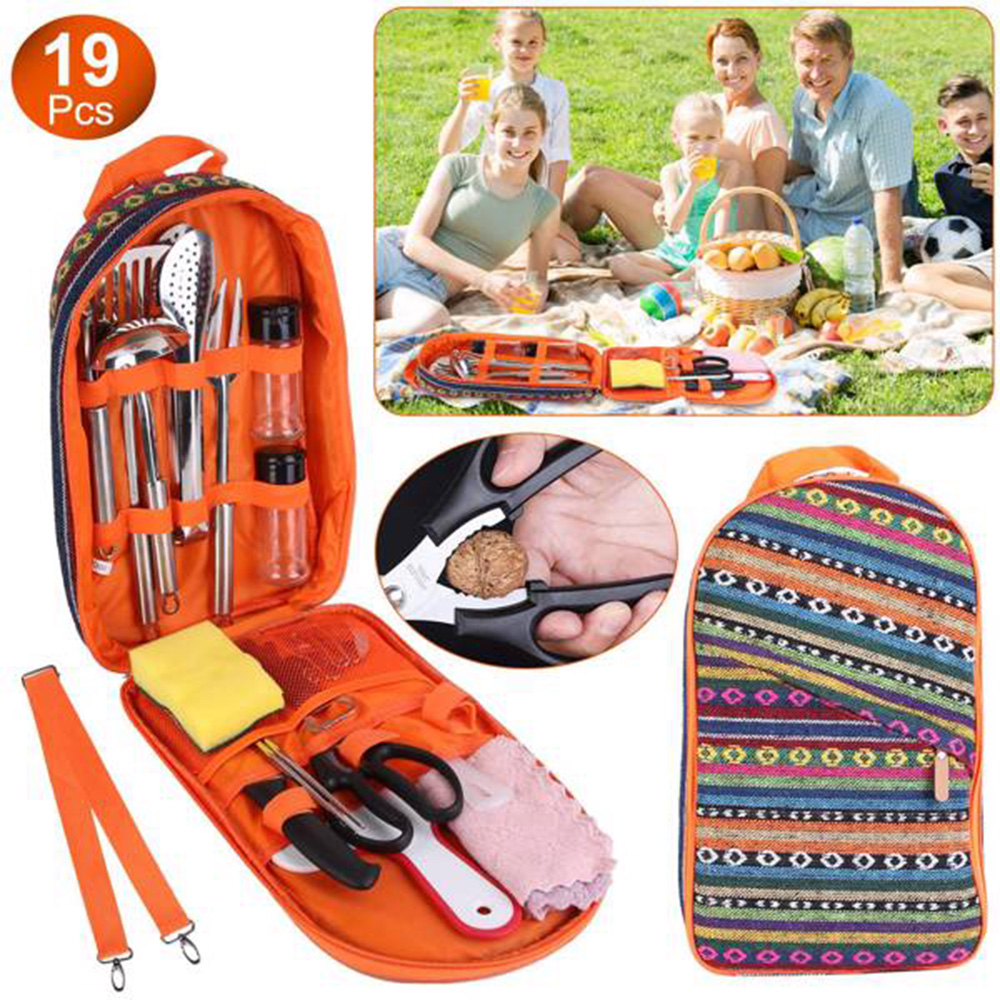Camping Cooking Equipment Bag - 19Pcs Camping Cooking Utensil Kit Portable